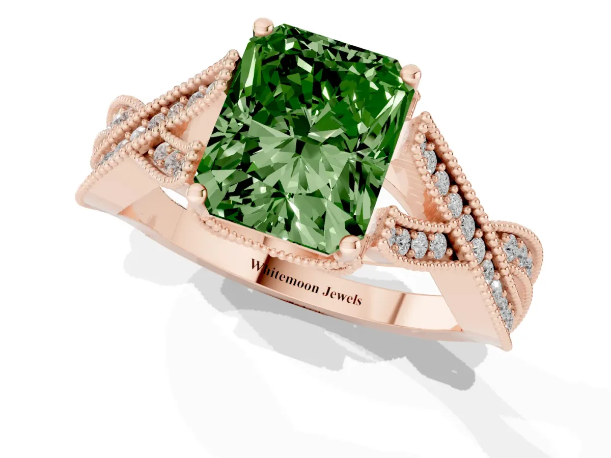 Fancy Green Radiant Cut Cut Diamond Twisted Band with Milgrain Pave Setting and Four-Prong Setting Rose gold