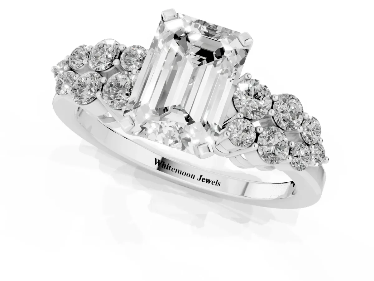 Emerald Cut Cluster Diamond Engagement Ring with Pavé Band and Four-Prong Setting Silver