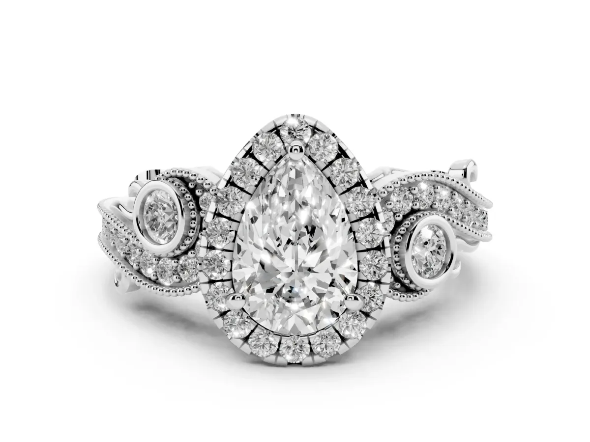 Pear Cut Halo Diamond Ring with Milgrain and Bezel Accents on a Split Shank Band Platinum