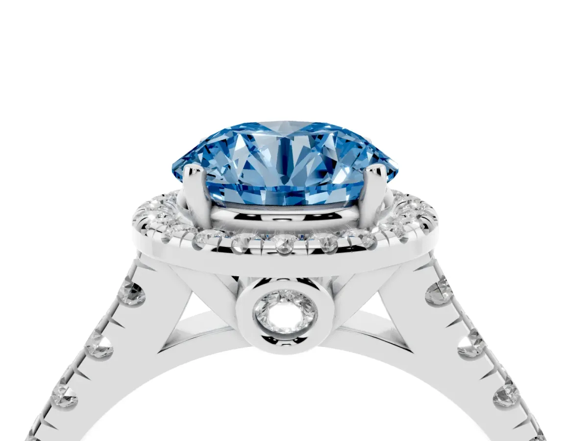 Fancy Blue Round Cut Halo Pavé Diamond Engagement Ring with Four-Prong Setting Silver