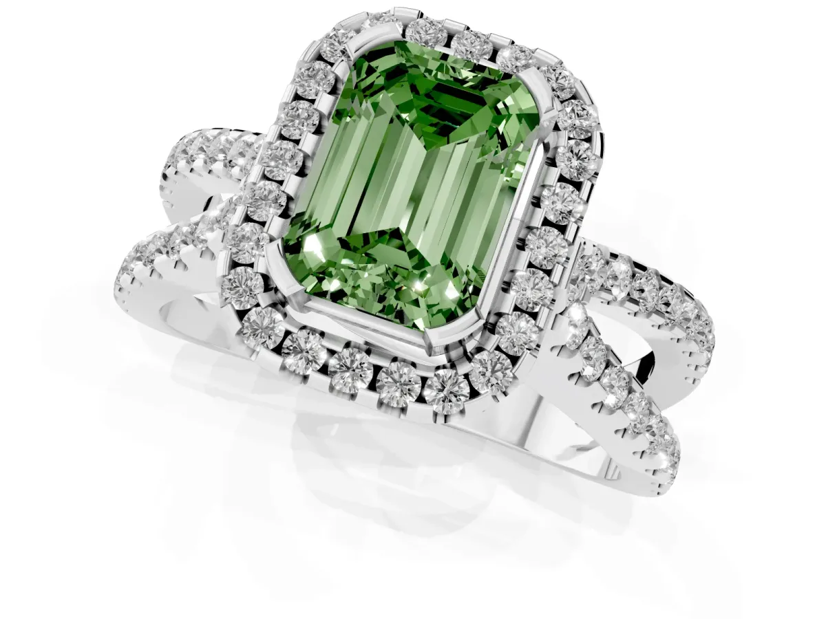 Fancy Green Emerald Cut Diamond Halo Ring with Split Shank Pavé Band and Prong Setting Silver