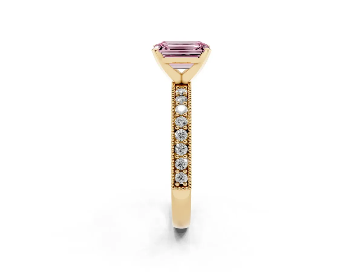 Fancy Pink Emerald Cut Diamond Milgrain Pavé Engagement Ring with Four-Prong Setting Yellow gold