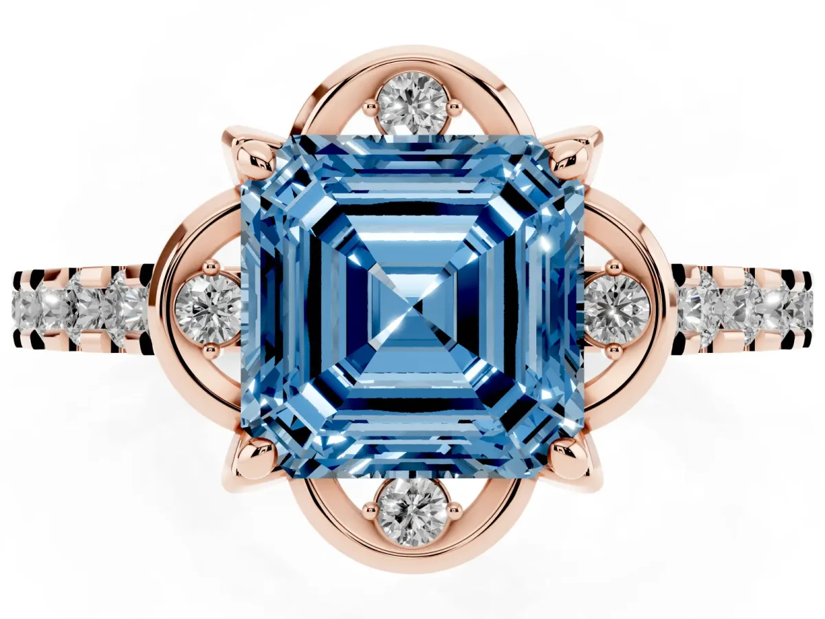 Fancy Blue Asscher Cut Diamond Ring with Pavé Band and Floral Prong Setting Rose gold