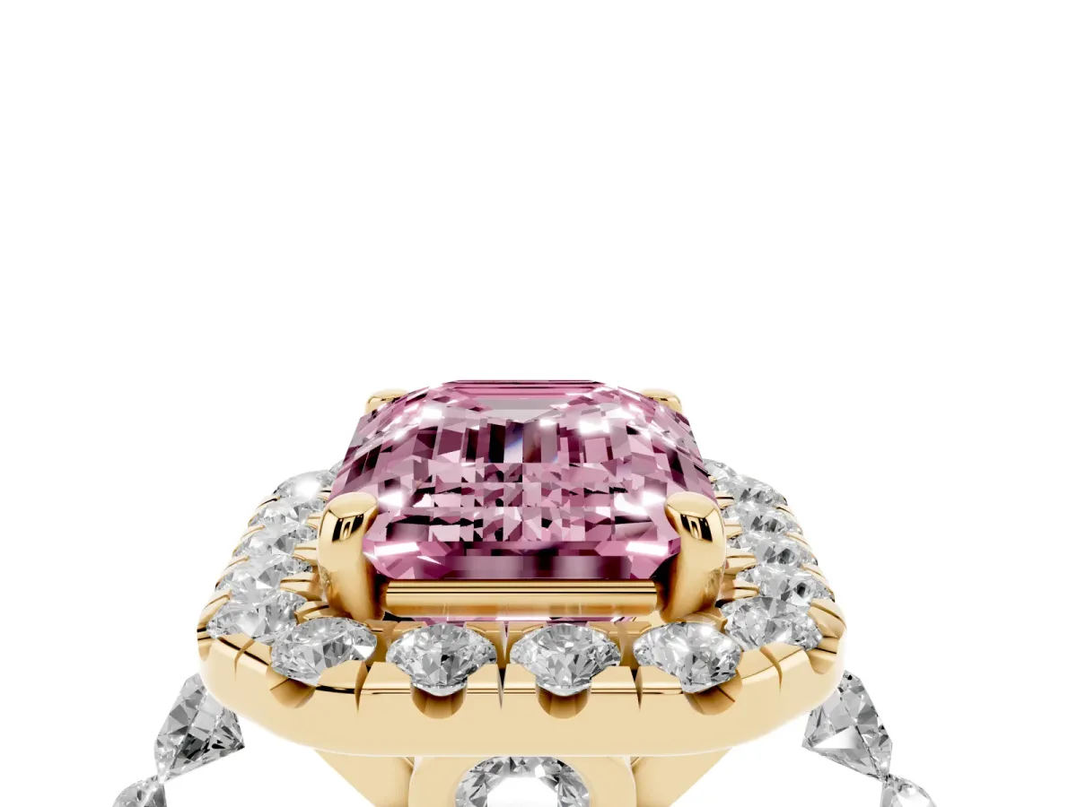 Fancy Pink Emerald Cut Halo Pavé Diamond Engagement Ring with Four-Prong Setting Yellow gold
