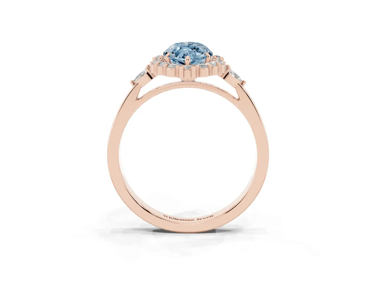 Fancy Blue Marquise Cut Diamond Halo Ring with Pear Side Stones and Prong Setting Rose gold