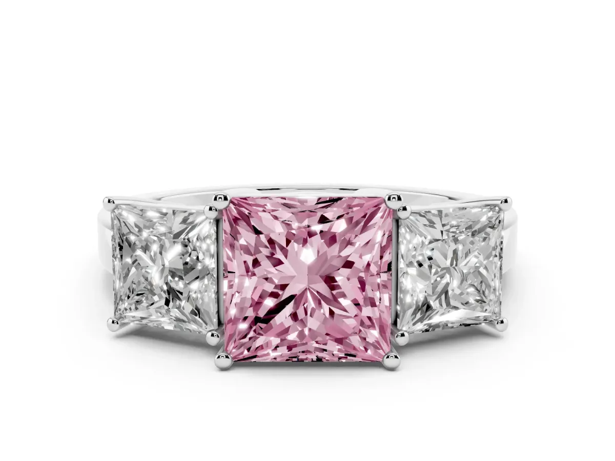 Fancy Pink Three-Stone Princess Cut Cut Diamond Engagement Ring with Flat Band and Four-Prong Setting White gold