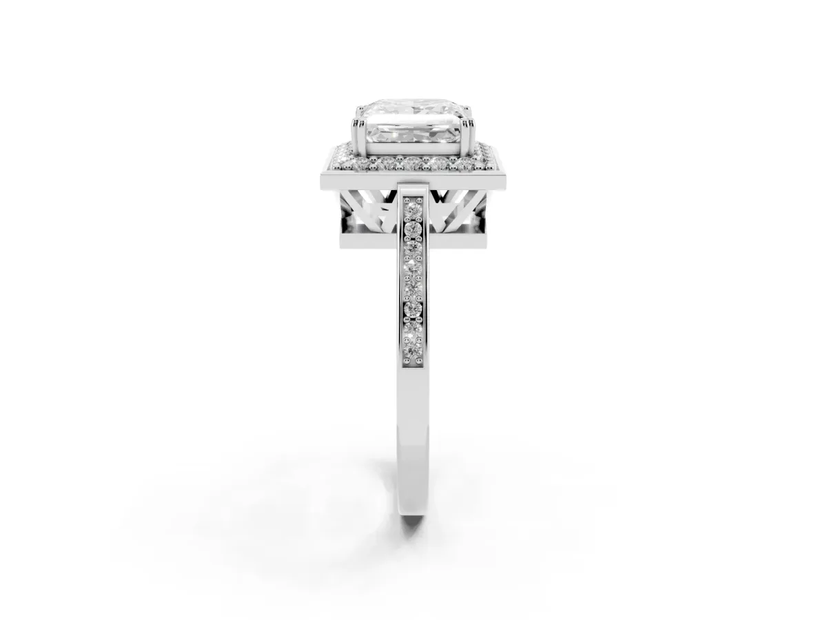 Princess Cut Diamond Halo Ring with Split Shank and Four-Prong Setting White gold