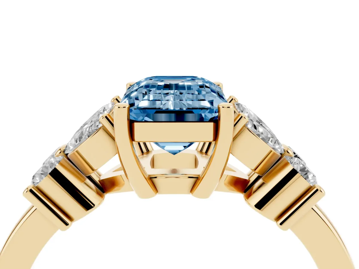 Fancy Blue Emerald Cut Diamond Floral Cluster Ring with Solitaire Band and Prong Setting Yellow gold
