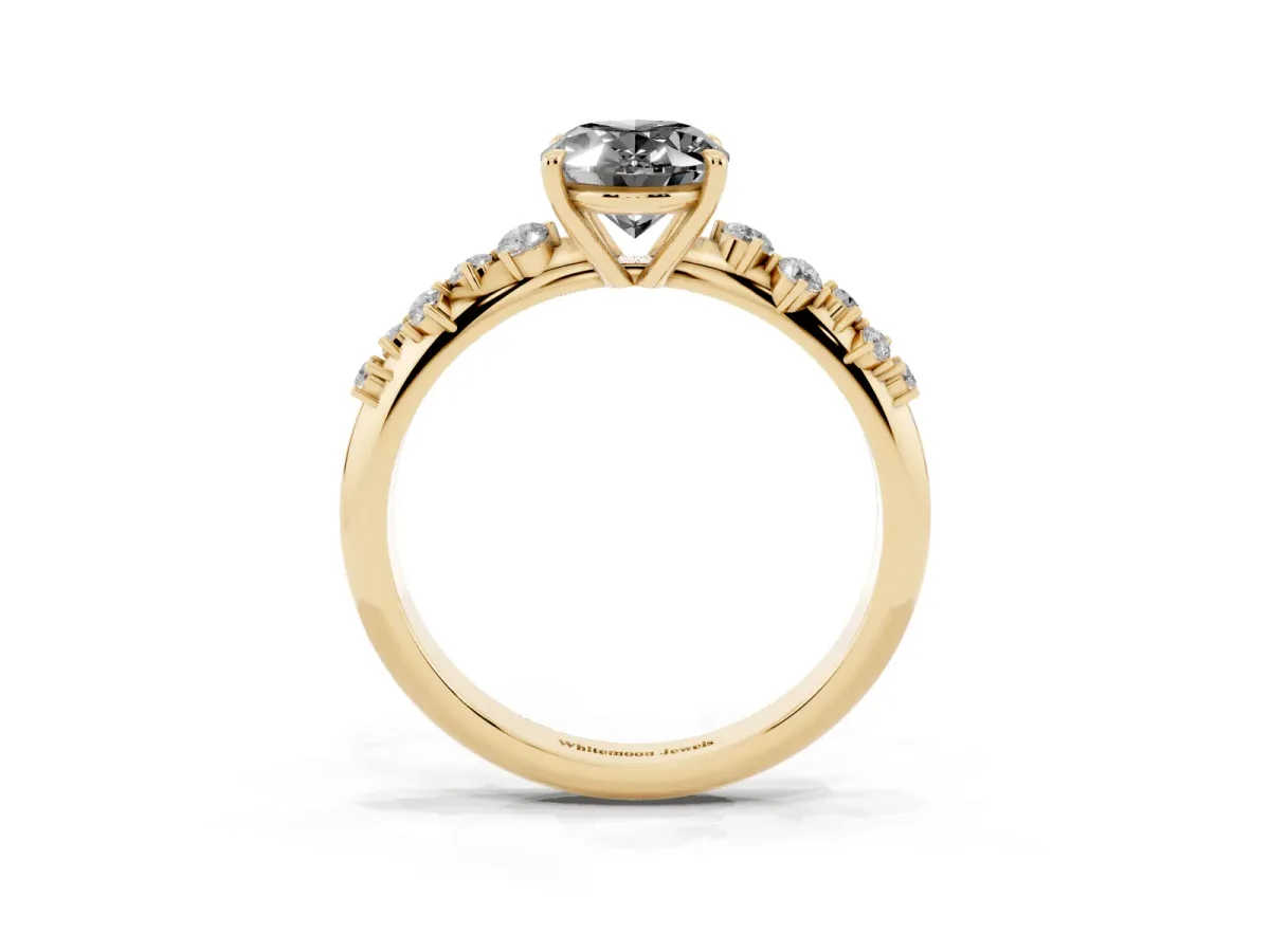Fancy Black Oval Cut Diamond Cluster Side Stone Solitaire Ring with Prong Setting Yellow gold