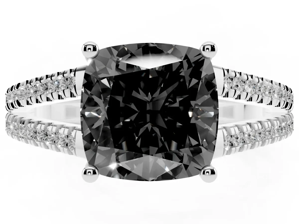 Fancy Black Cushion Cut Diamond Solitaire Engagement Ring with Split Shank Pavé Band Platinum
