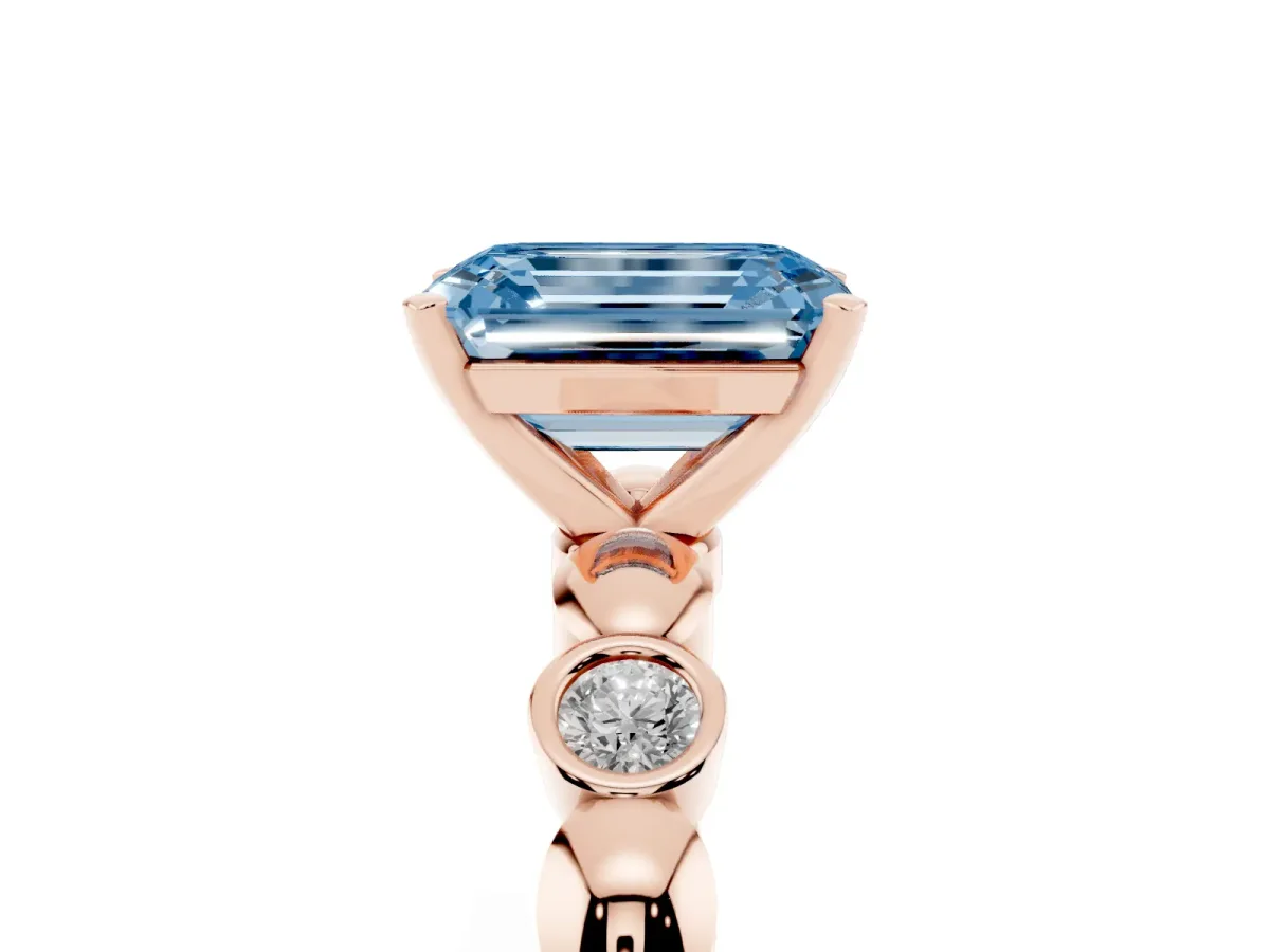 Fancy Blue Emerald Cut Solitaire Bezel-Set Diamond Ring with Beaded Band and Four-Prong Setting Rose gold