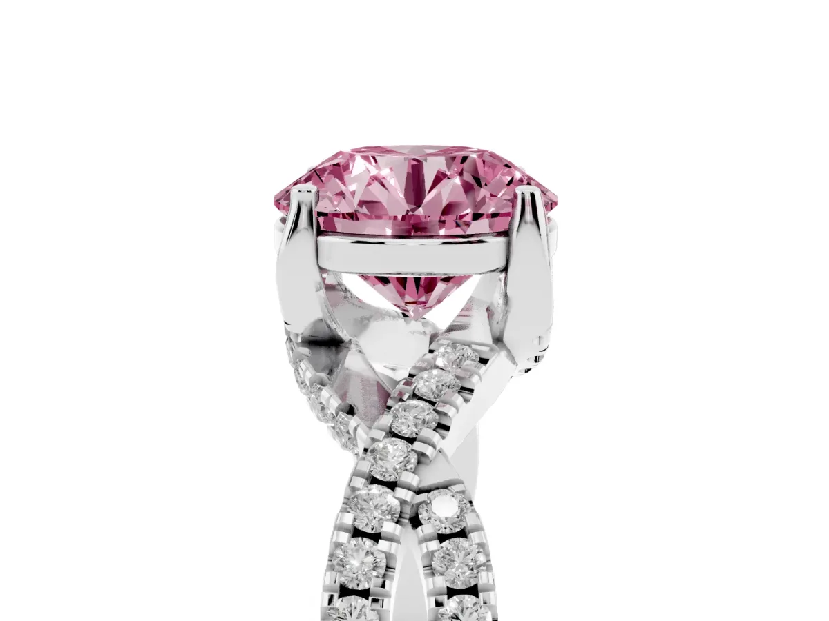 Fancy Pink Round Cut Solitaire Twist Pave Diamond Engagement Ring with Prong Setting Silver