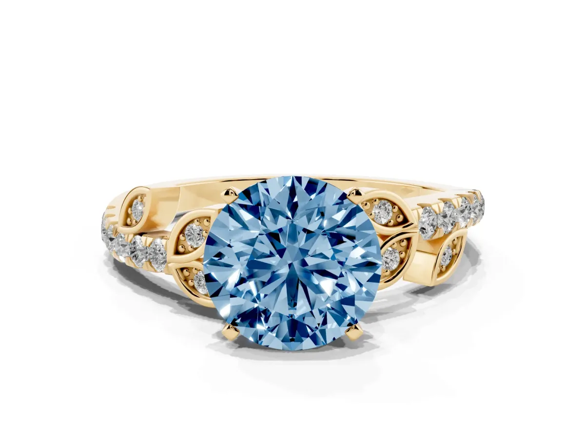 Fancy Blue Round Cut Solitaire Leaf-Inspired Diamond Ring with Pavé Band and Four-Prong Setting Yellow gold