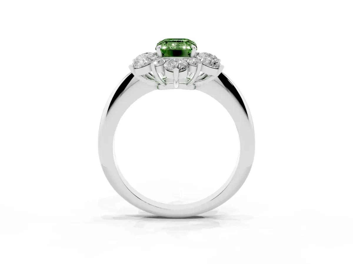 Fancy Green Emerald Cut Diamond Cluster Halo Ring with Solitaire Band and Four-Prong Setting Silver