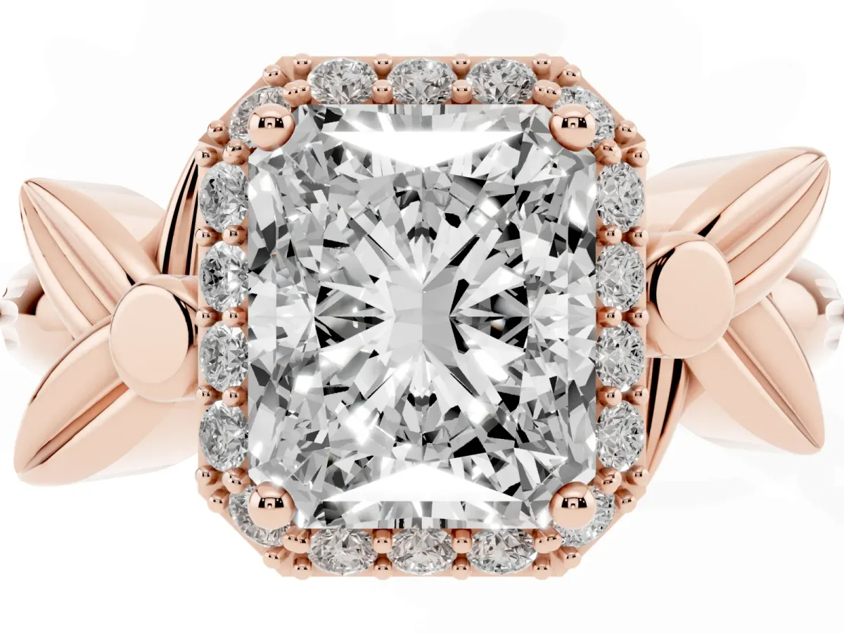 Radiant Cut Halo Diamond Floral Band with Four-Prong Setting Rose gold
