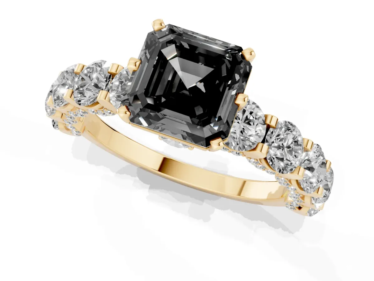 Fancy Black Asscher Cut Diamond Side Stone Engagement Ring with Four-Prong Setting Yellow gold