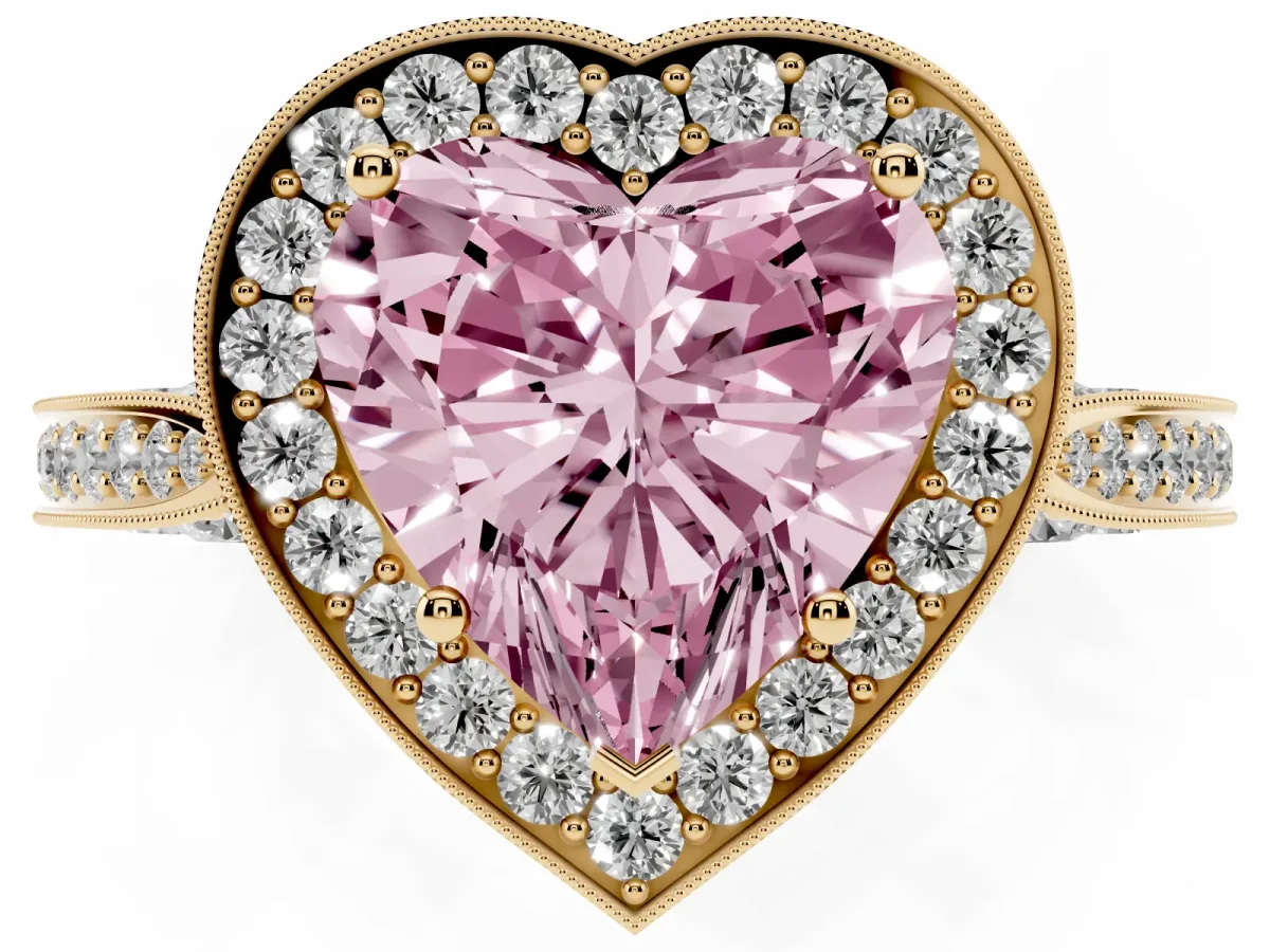 Fancy Pink Heart Cut Halo Diamond Engagement Ring with Split Shank Band and Four-Prong Setting Yellow gold