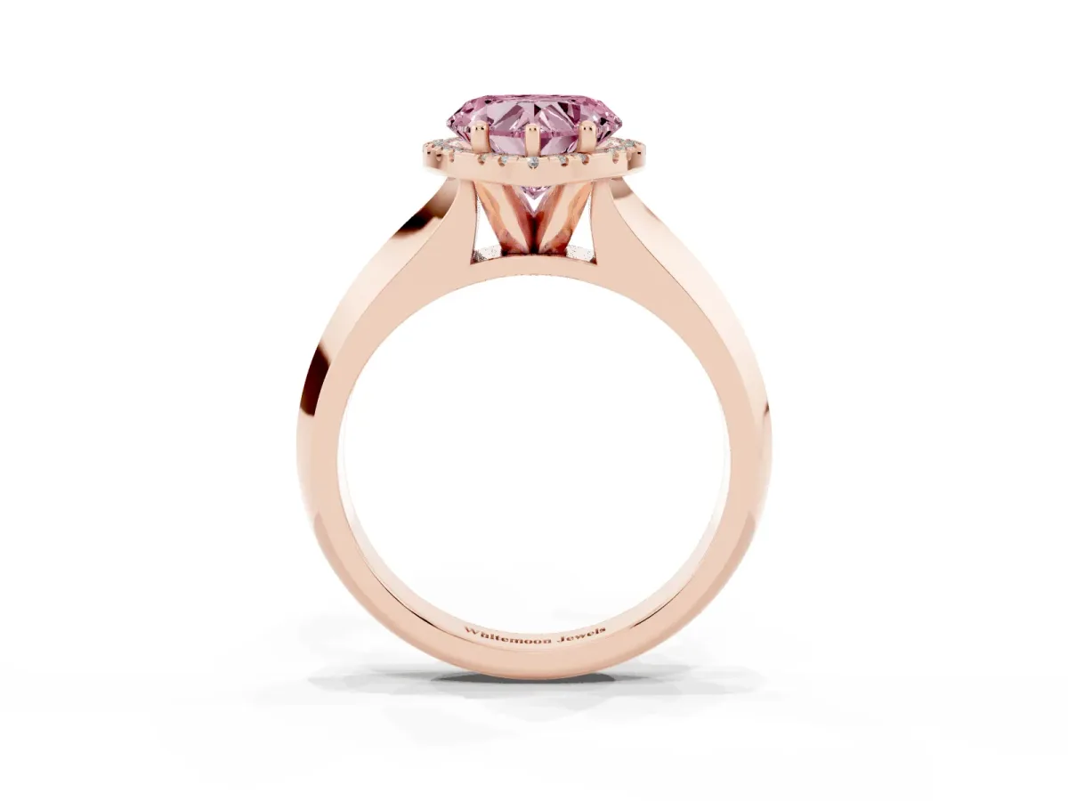 Fancy Pink Heart Cut Halo Diamond Ring with Cathedral Band and Four-Prong Setting Rose gold