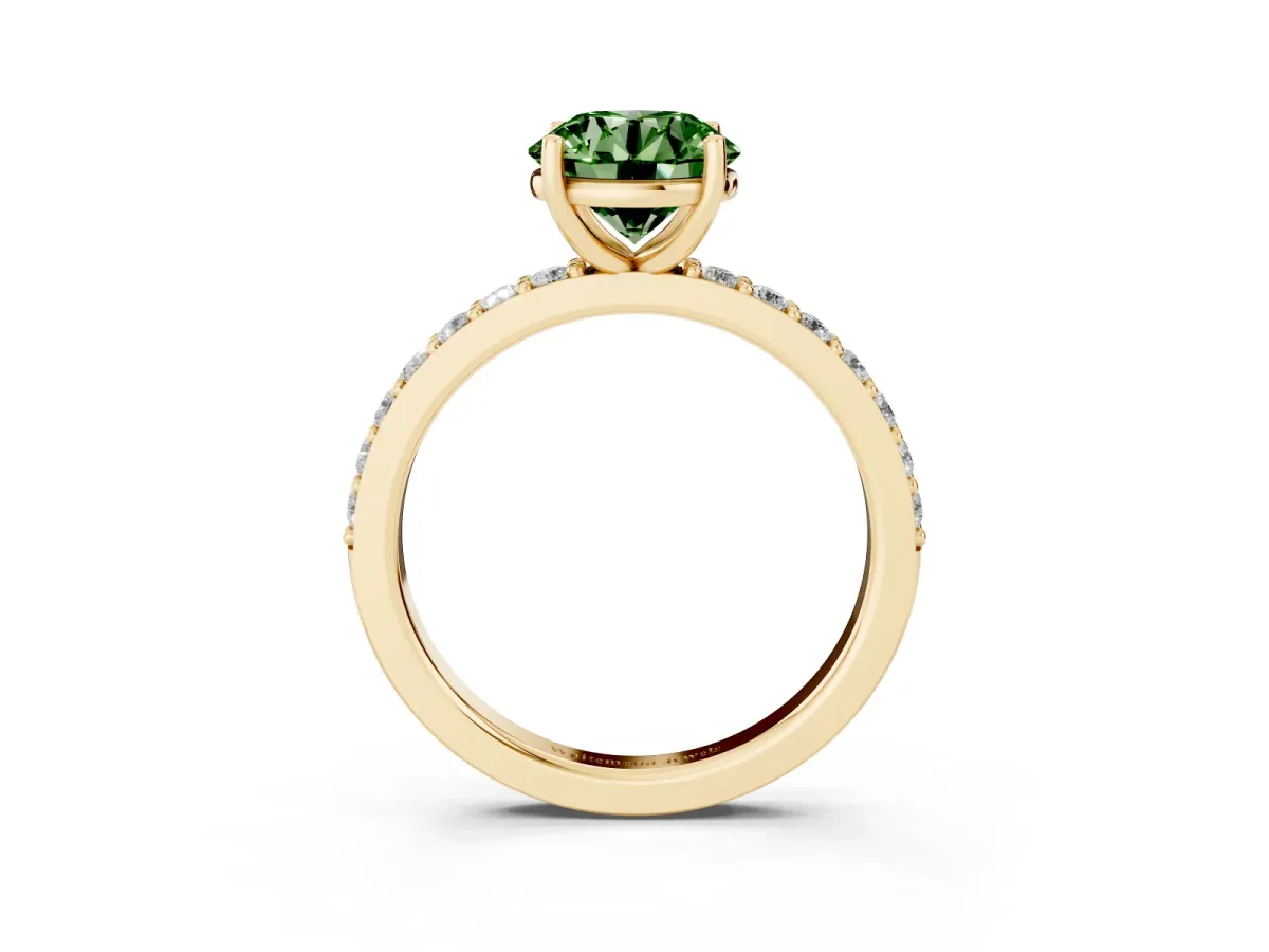 Fancy Green Round Cut Cut Diamond Solitaire with Pave Band and Four-Prong Setting Yellow gold
