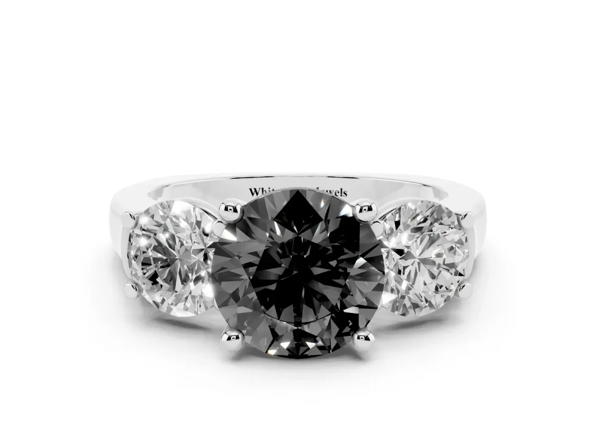 Fancy Black Three-Stone Round Cut Brilliant Diamond Trellis Ring with Comfort Fit Band Platinum