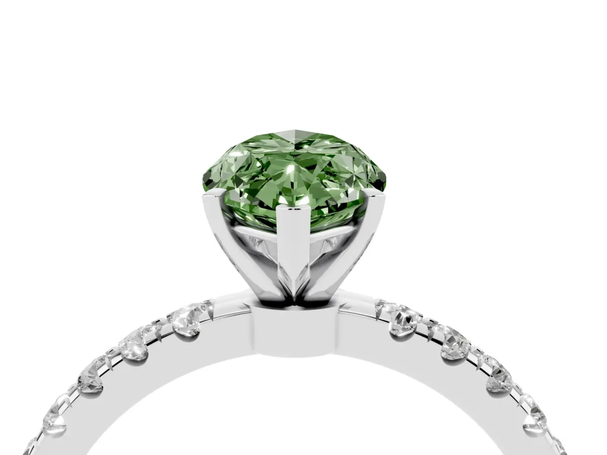 Fancy Green Marquise Cut Diamond Solitaire Ring with Pavé Accents and Four-Prong Setting Platinum