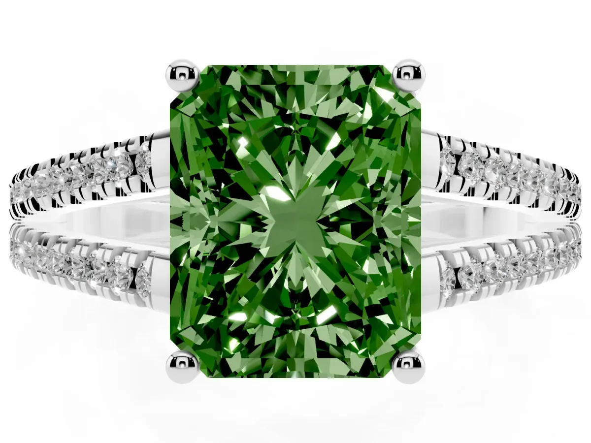 Fancy Green Radiant Cut Diamond Solitaire Engagement Ring with Split Shank Pavé Band Silver