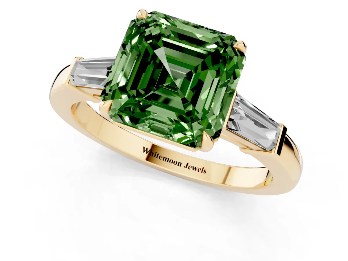 Fancy Green Asscher Cut Diamond Three-Stone Ring with Tapered Baguette Side Stones and Prong Setting Yellow gold