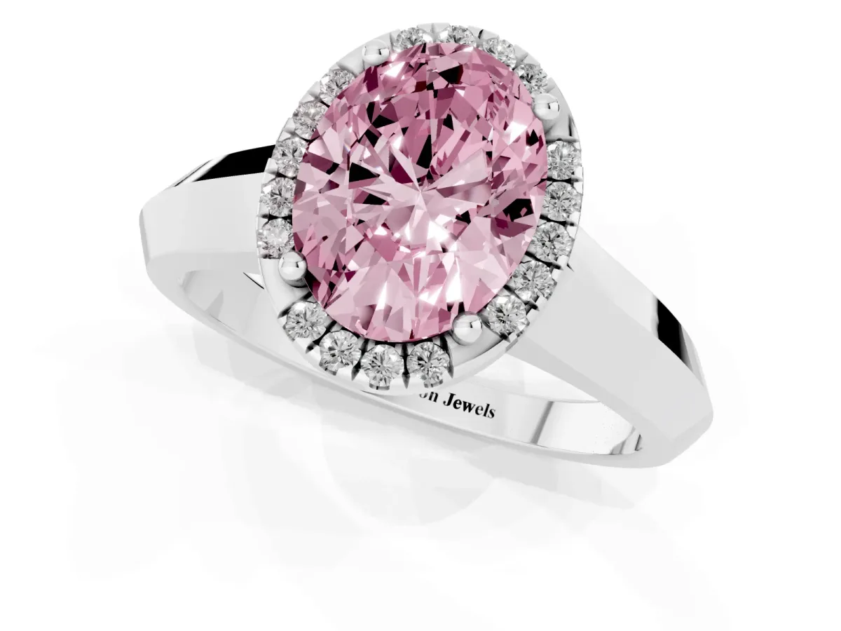Fancy Pink Oval Cut Halo Diamond Ring with Cathedral Band and Four-Prong Setting Silver