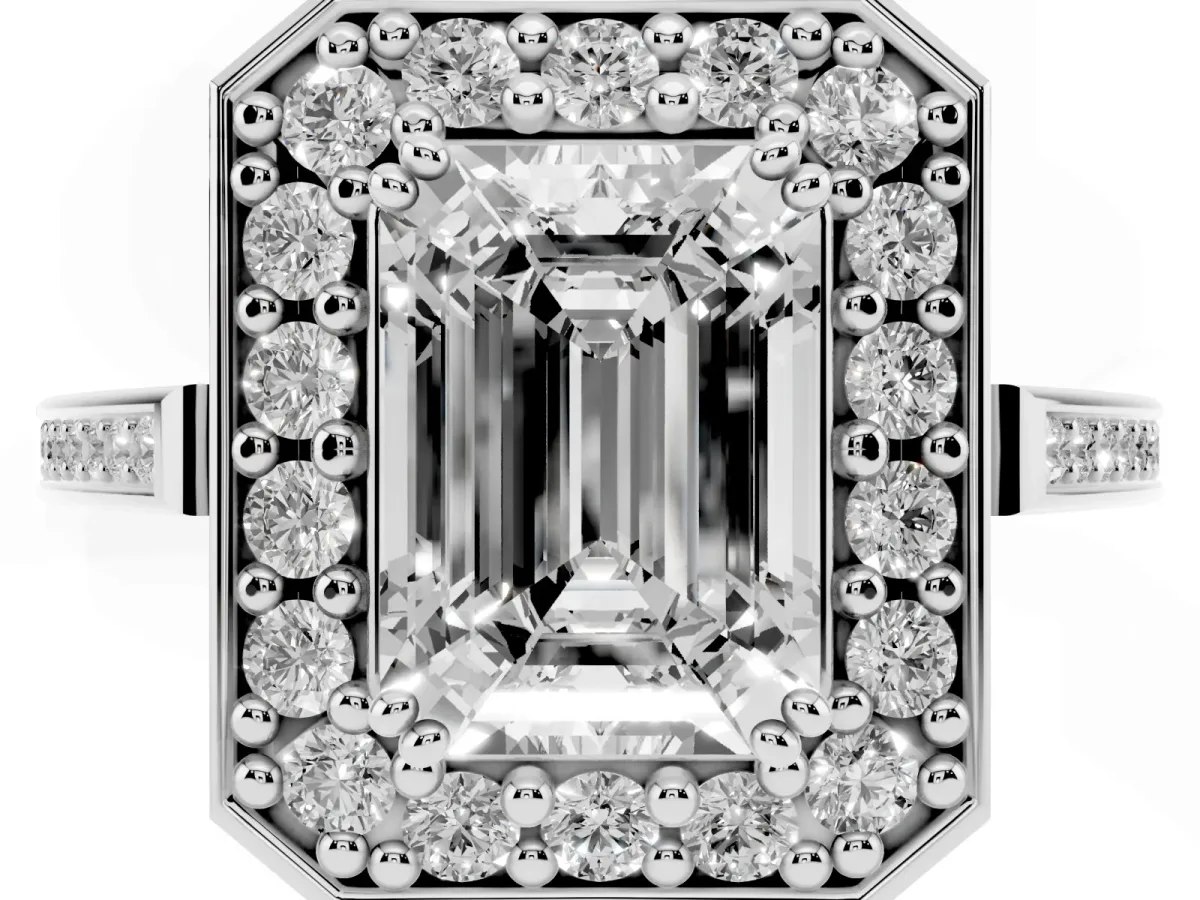 Emerald Cut Diamond Halo Ring with Split Shank and Four-Prong Setting Silver
