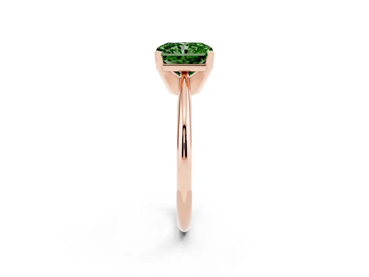 Fancy Green Radiant Cut Cut Solitaire Ring with Four-Prong Setting on a Classic Band Rose gold