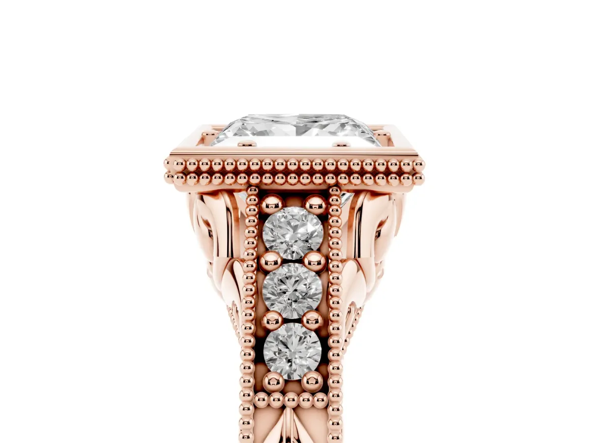 Bezel Set Princess Cut Diamond Milgrain Pave Engagement Ring Rose gold