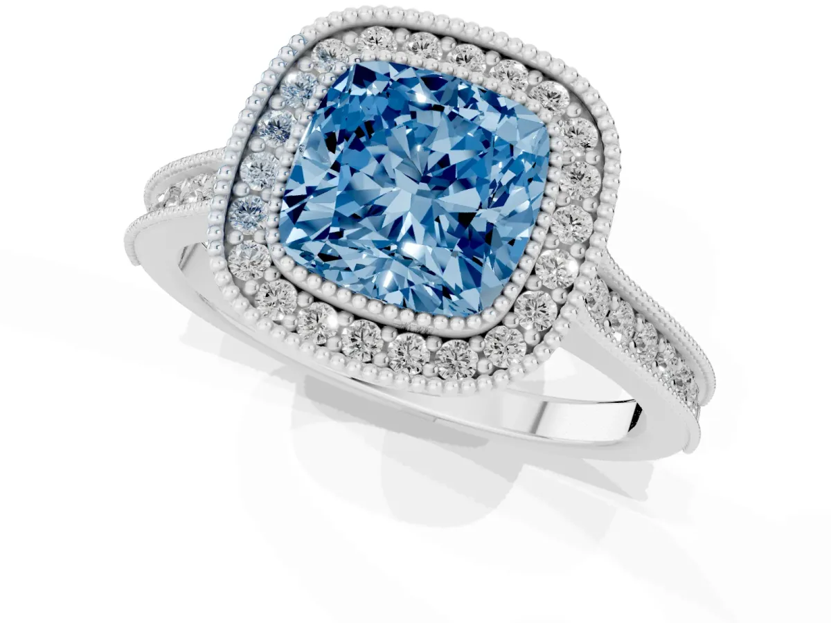 Fancy Blue Halo Cushion Cut-Cut Diamond Pave Band Milgrain Prong Setting Ring Silver