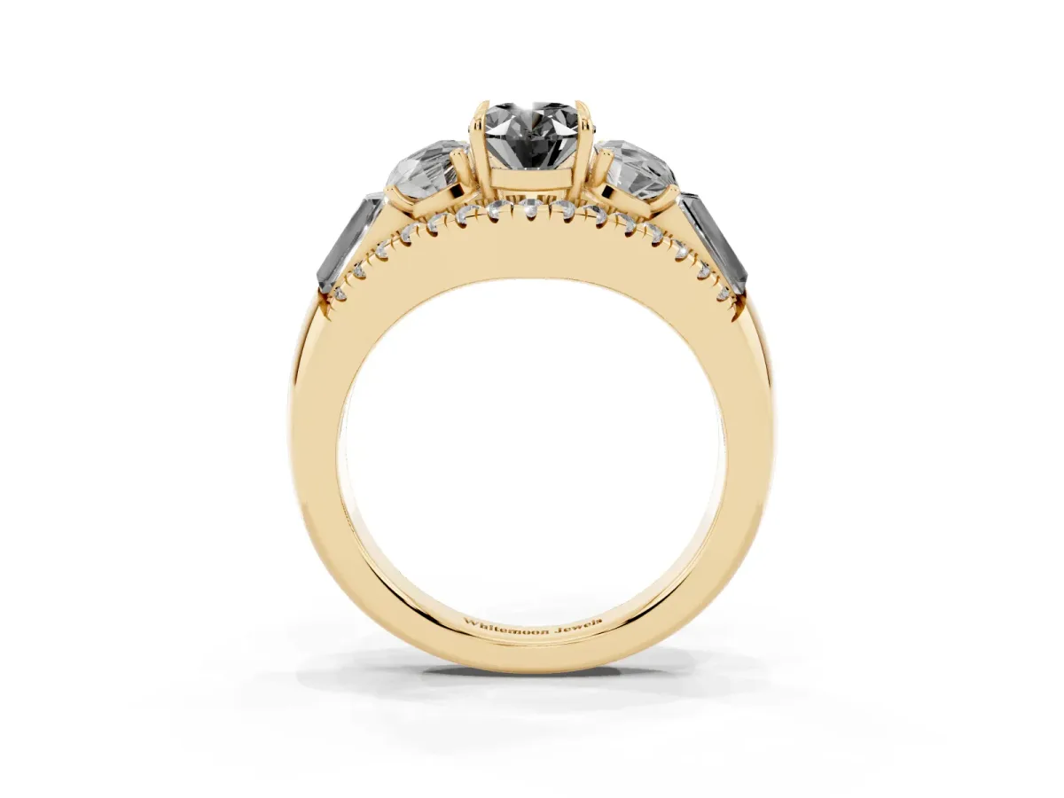Fancy Black Three-Stone Oval Cut Diamond Engagement Ring with Pave Band and Prong Setting Yellow gold