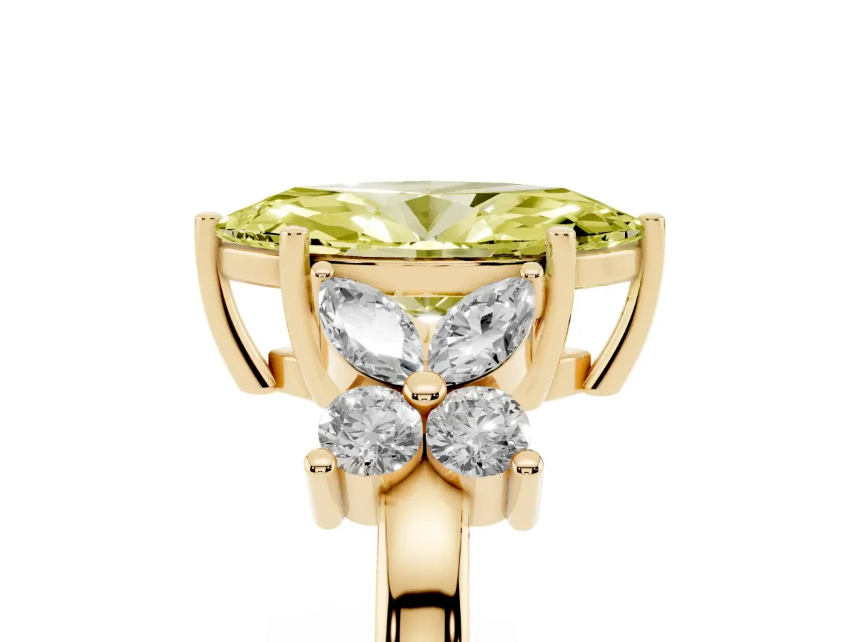 Fancy Yellow Marquise Cut Diamond Floral Cluster Ring with Solitaire Band and Prong Setting Yellow gold