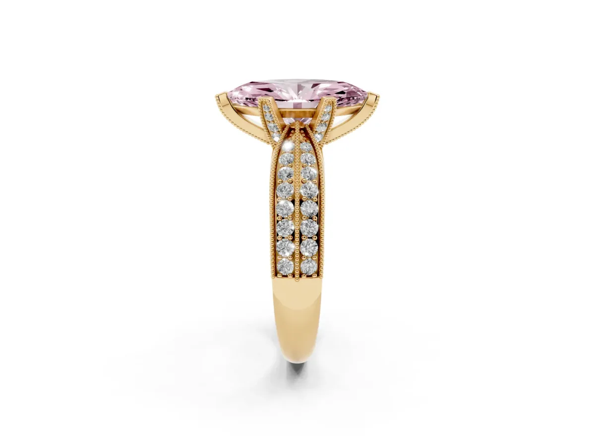 Fancy Pink Marquise Cut Diamond Solitaire Ring with Milgrain Round Pavé Band and Prong Setting Yellow gold