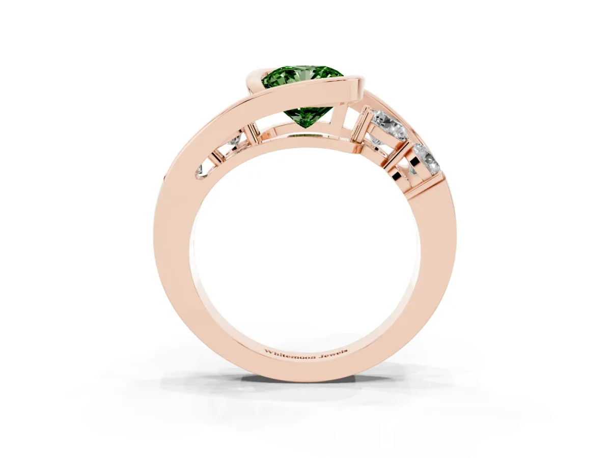 Fancy Green Bezel Set Cushion Cut Diamond Bypass Ring with Round Accents Rose gold