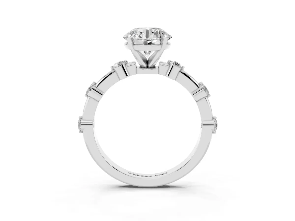 Round Cut Solitaire Diamond Ring with Bezel Set Side Stones and Prong Setting Silver