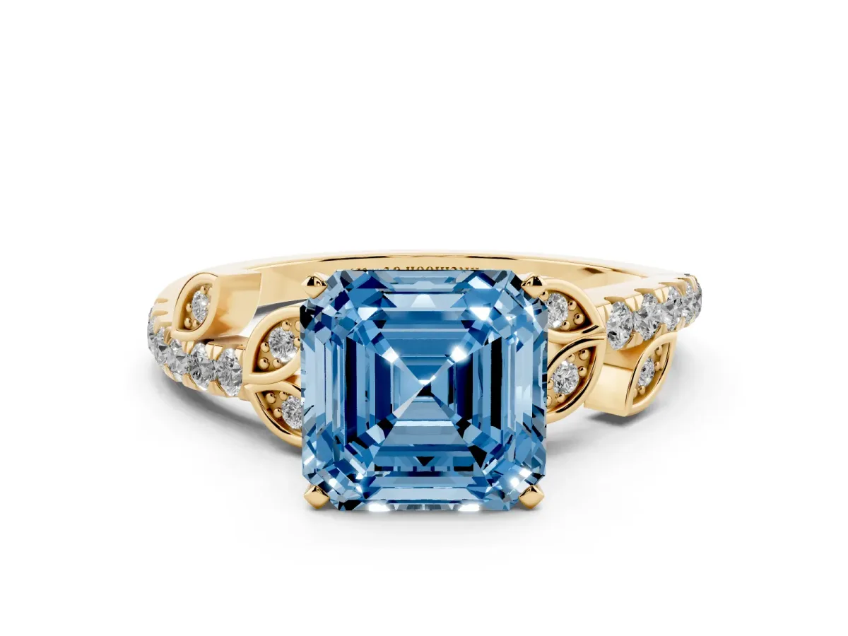 Fancy Blue Asscher Cut Solitaire Leaf-Inspired Diamond Ring with Pavé Band and Four-Prong Setting Yellow gold