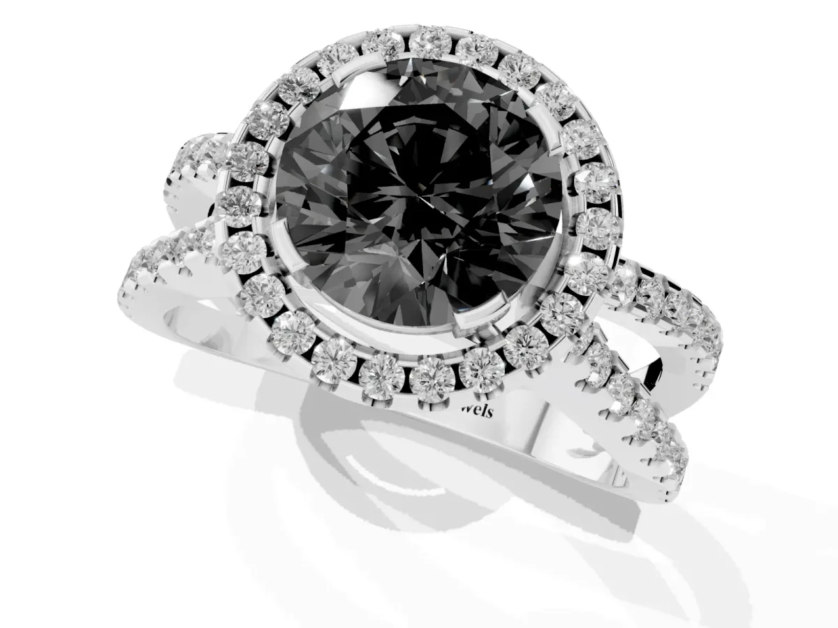 Fancy Black Round Cut Diamond Halo Ring with Split Shank Pavé Band and Prong Setting Silver