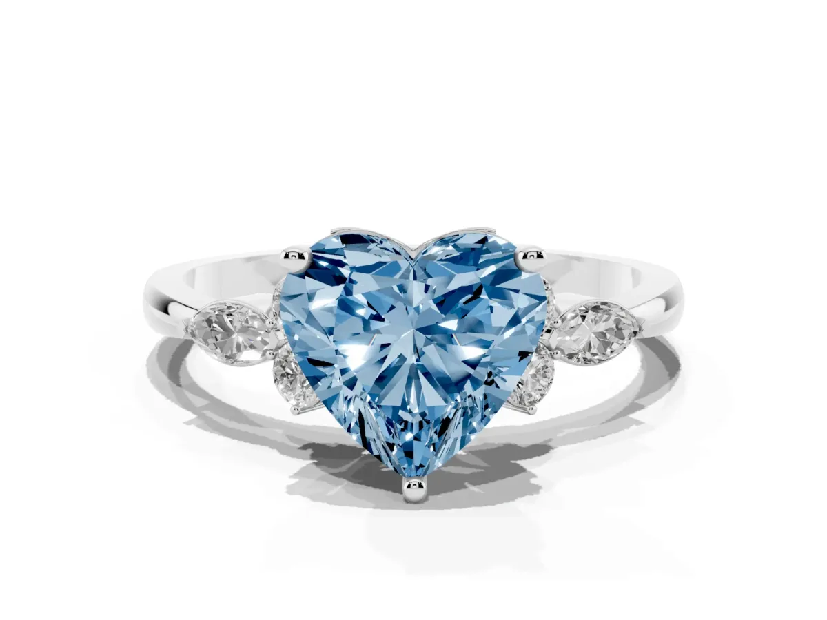 Fancy Blue Heart Cut Brilliant Diamond Solitaire Ring with Pear Side Stones and Four-Prong Setting Silver
