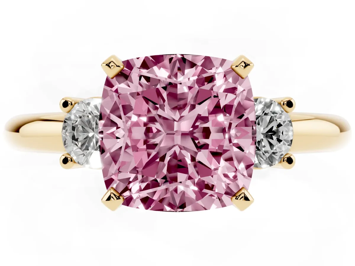 Fancy Pink Three-Stone Cushion Cut Cut Diamond Solitaire with Prong Setting and Classic Band Yellow gold