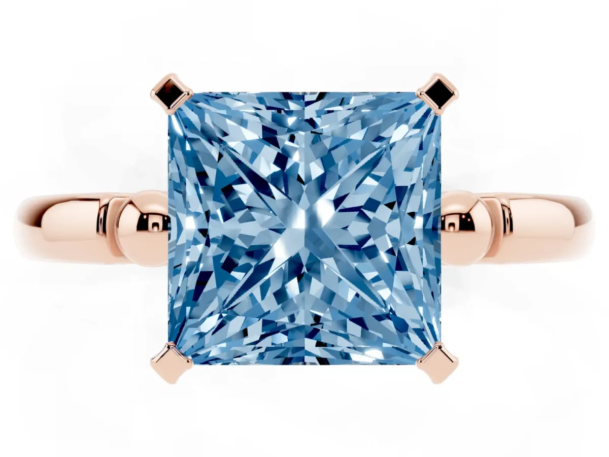 Fancy Blue Princess Cut Solitaire Beaded Band with Four-Prong Setting Rose gold