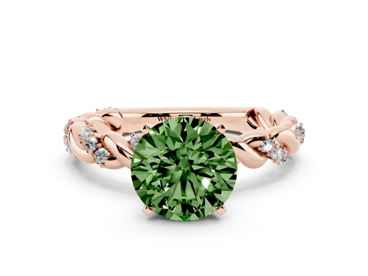 Fancy Green Round Cut Diamond Solitaire Ring with Twisted Band and Pavé Accents Rose gold