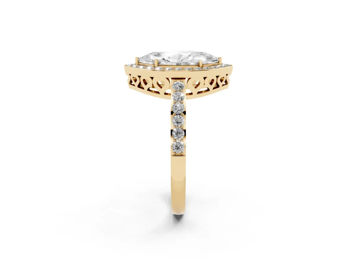 Marquise Cut Halo Diamond Pavé Band Ring with Prong Setting Yellow gold