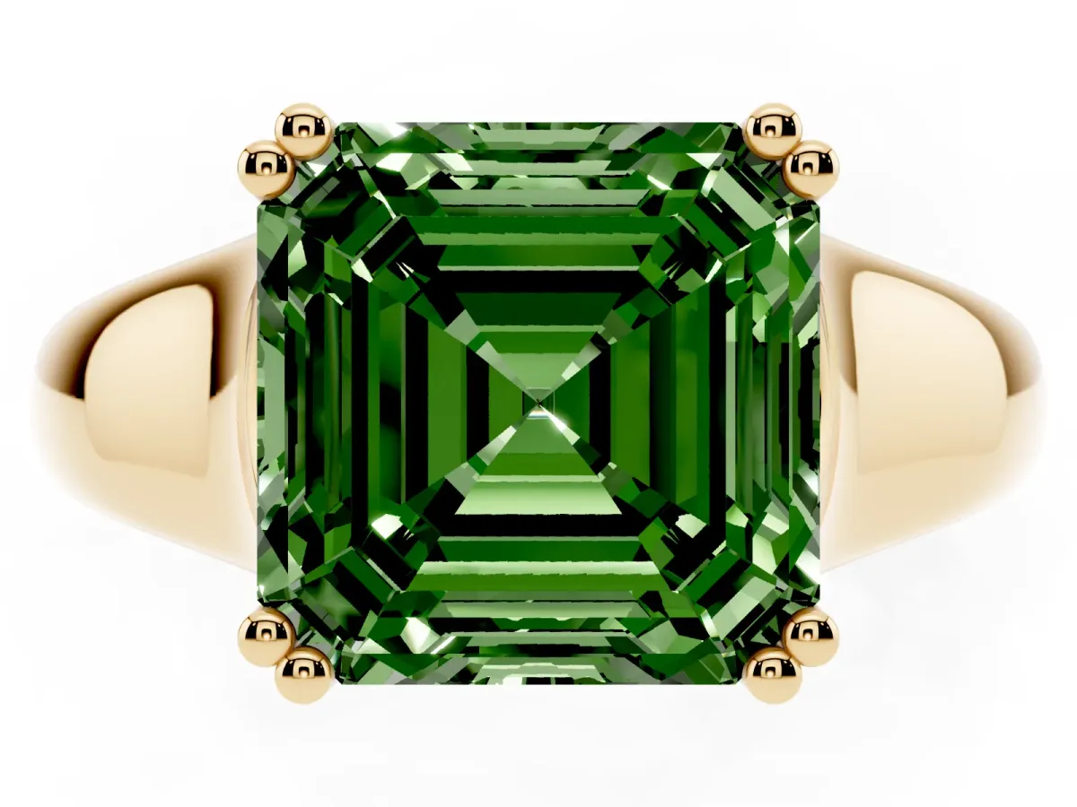 Fancy Green Asscher Cut Diamond Solitaire Ring with Wide Band and Prong Setting Yellow gold
