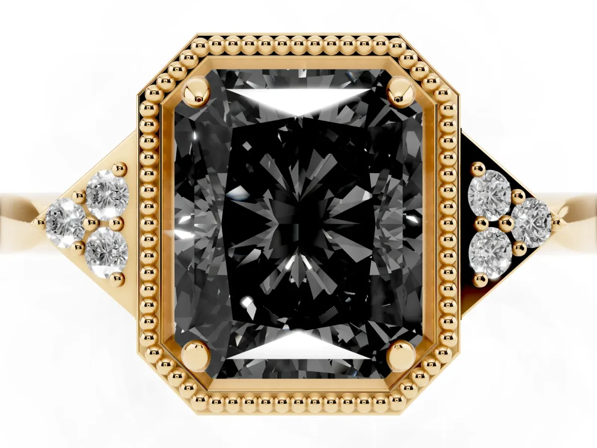 Fancy Black Hexagonal Halo Radiant Cut Diamond Solitaire with Pavé Band and Four-Prong Setting Yellow gold