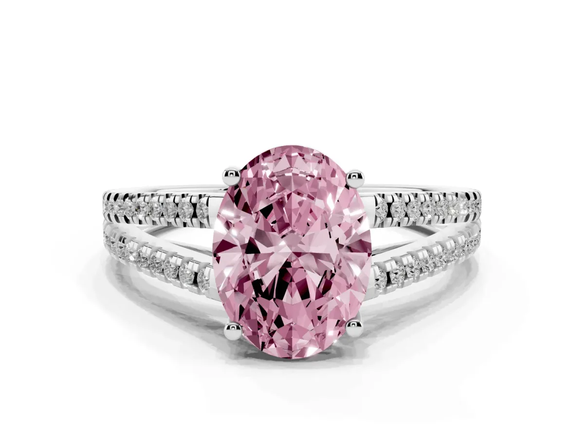 Fancy Pink Oval Cut Diamond Solitaire Engagement Ring with Split Shank Pavé Band Silver