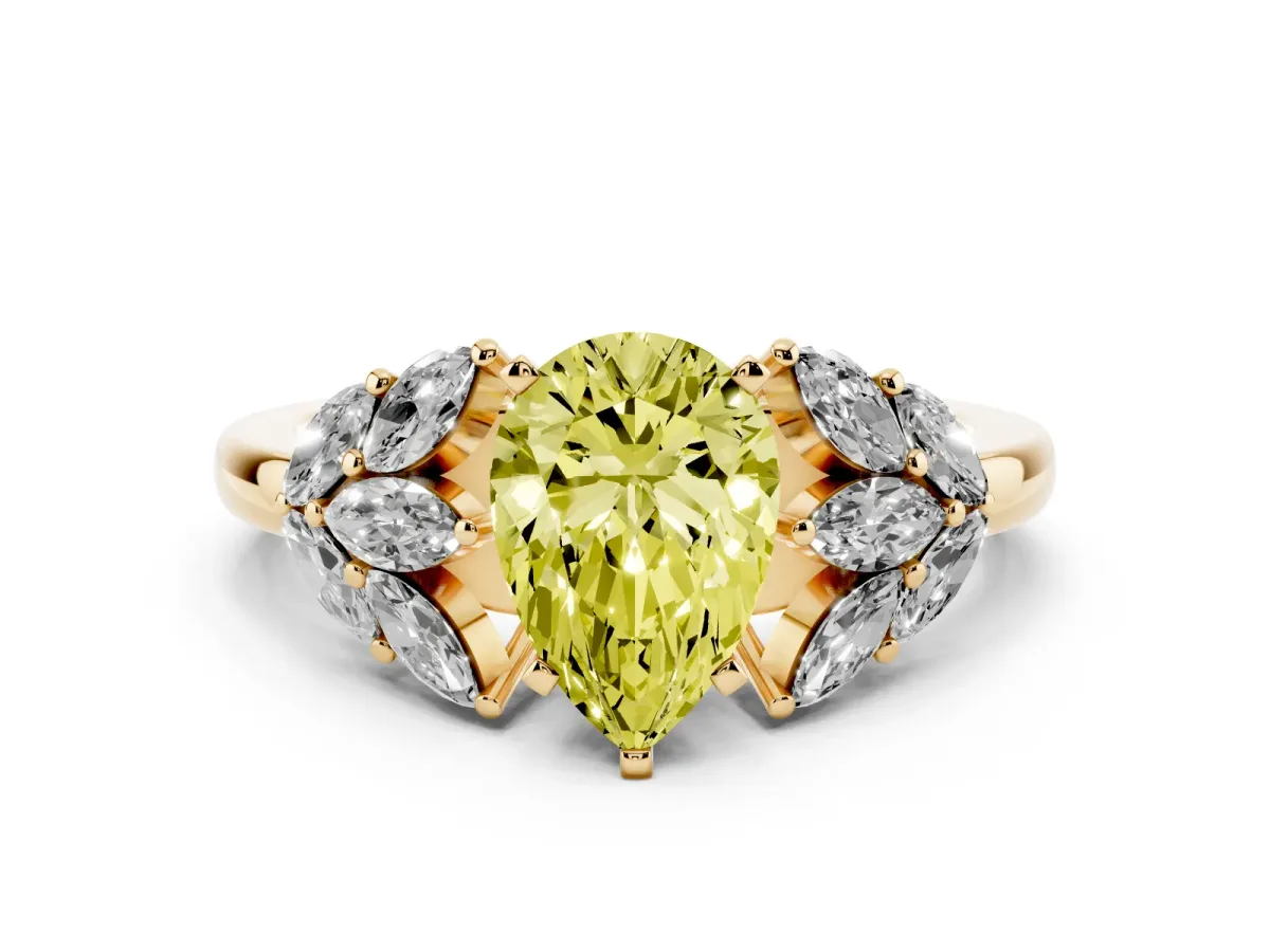 Fancy Yellow Pear Cut Diamond Cluster Leaf Design Ring with Prong Setting Yellow gold