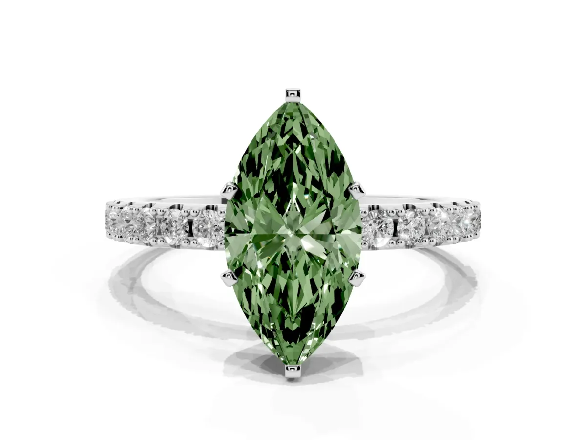 Fancy Green Marquise Cut Diamond Solitaire Pavé Band with Four-Prong Setting Silver