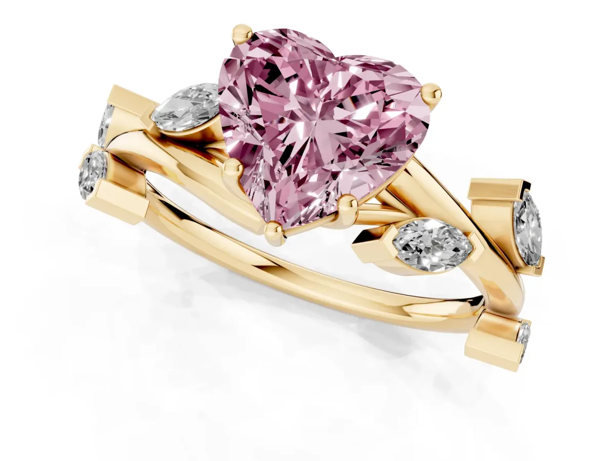Fancy Pink Heart Cut Solitaire Twisted Band Marquise Accent Prong Setting Ring Yellow gold